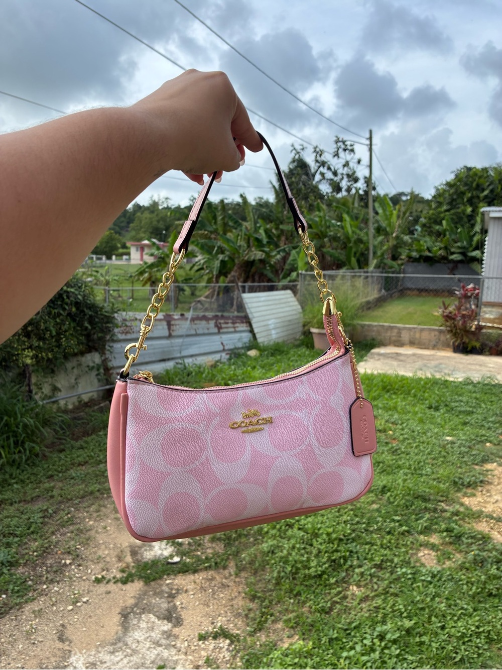 Coach Pink Signature Canvas Shoulder Bag with Gold Hardware